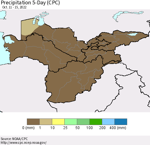 Central Asia Precipitation 5-Day (CPC) Thematic Map For 10/11/2022 - 10/15/2022