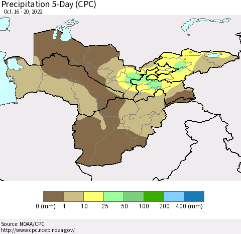 Central Asia Precipitation 5-Day (CPC) Thematic Map For 10/16/2022 - 10/20/2022