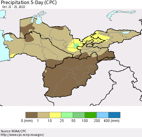 Central Asia Precipitation 5-Day (CPC) Thematic Map For 10/21/2022 - 10/25/2022