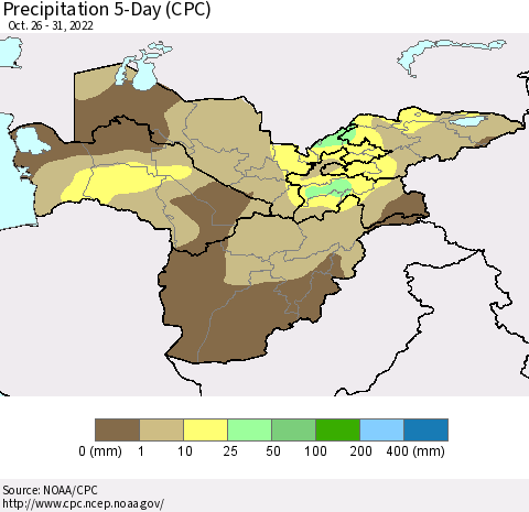 Central Asia Precipitation 5-Day (CPC) Thematic Map For 10/26/2022 - 10/31/2022