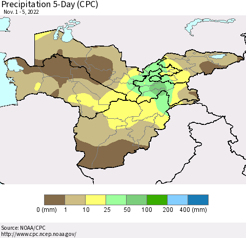 Central Asia Precipitation 5-Day (CPC) Thematic Map For 11/1/2022 - 11/5/2022