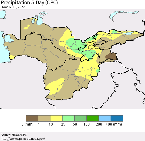 Central Asia Precipitation 5-Day (CPC) Thematic Map For 11/6/2022 - 11/10/2022