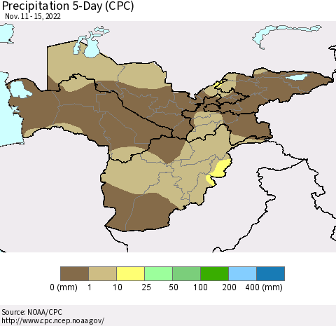 Central Asia Precipitation 5-Day (CPC) Thematic Map For 11/11/2022 - 11/15/2022