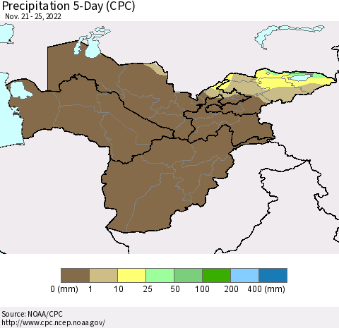 Central Asia Precipitation 5-Day (CPC) Thematic Map For 11/21/2022 - 11/25/2022