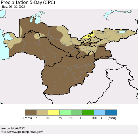 Central Asia Precipitation 5-Day (CPC) Thematic Map For 11/26/2022 - 11/30/2022