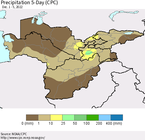 Central Asia Precipitation 5-Day (CPC) Thematic Map For 12/1/2022 - 12/5/2022