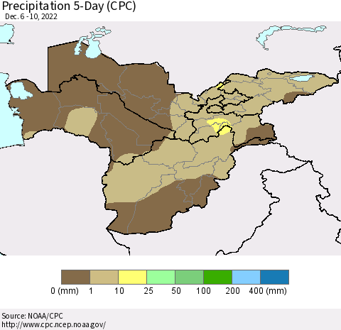 Central Asia Precipitation 5-Day (CPC) Thematic Map For 12/6/2022 - 12/10/2022