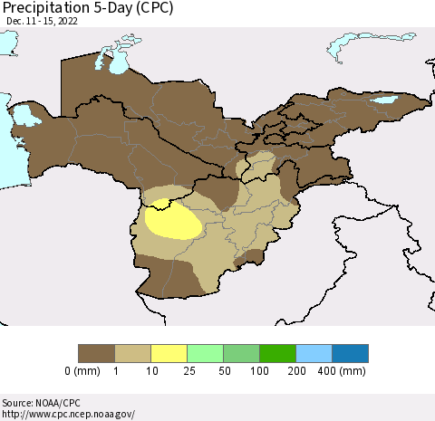 Central Asia Precipitation 5-Day (CPC) Thematic Map For 12/11/2022 - 12/15/2022