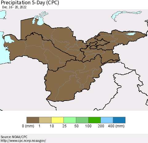Central Asia Precipitation 5-Day (CPC) Thematic Map For 12/16/2022 - 12/20/2022