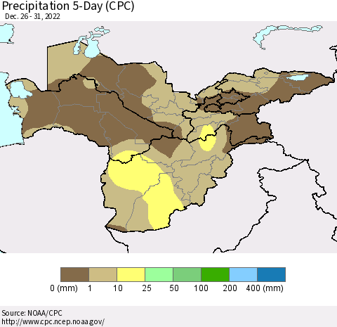 Central Asia Precipitation 5-Day (CPC) Thematic Map For 12/26/2022 - 12/31/2022