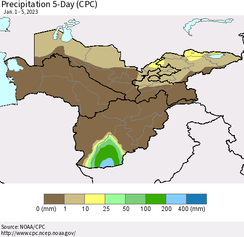 Central Asia Precipitation 5-Day (CPC) Thematic Map For 1/1/2023 - 1/5/2023