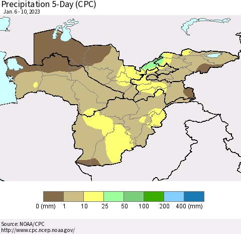 Central Asia Precipitation 5-Day (CPC) Thematic Map For 1/6/2023 - 1/10/2023