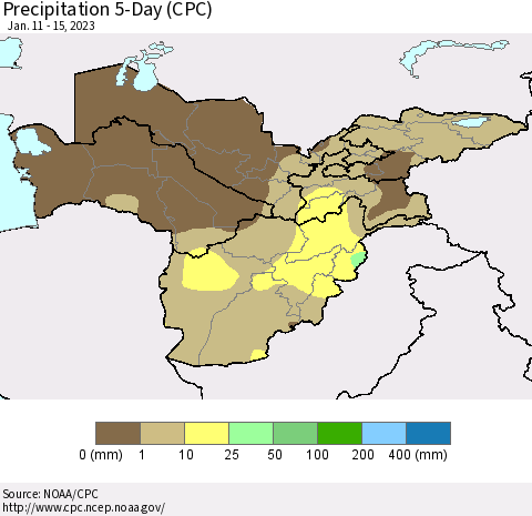Central Asia Precipitation 5-Day (CPC) Thematic Map For 1/11/2023 - 1/15/2023