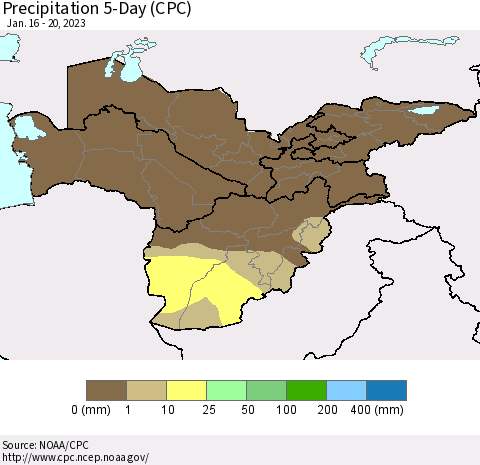 Central Asia Precipitation 5-Day (CPC) Thematic Map For 1/16/2023 - 1/20/2023