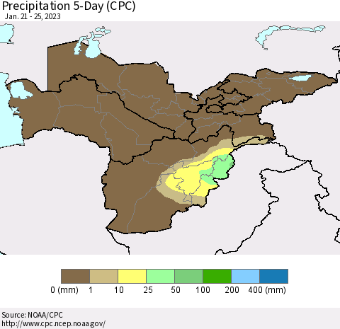Central Asia Precipitation 5-Day (CPC) Thematic Map For 1/21/2023 - 1/25/2023