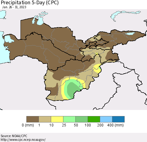 Central Asia Precipitation 5-Day (CPC) Thematic Map For 1/26/2023 - 1/31/2023