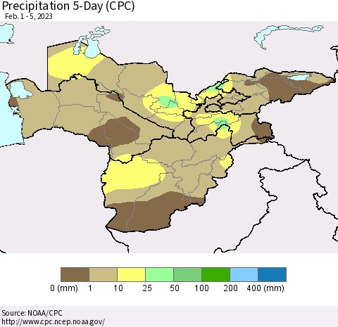 Central Asia Precipitation 5-Day (CPC) Thematic Map For 2/1/2023 - 2/5/2023