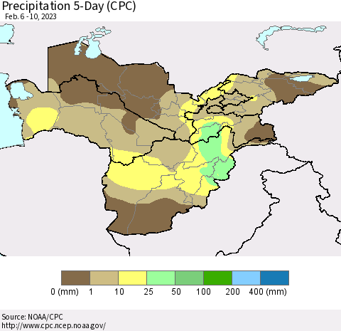 Central Asia Precipitation 5-Day (CPC) Thematic Map For 2/6/2023 - 2/10/2023