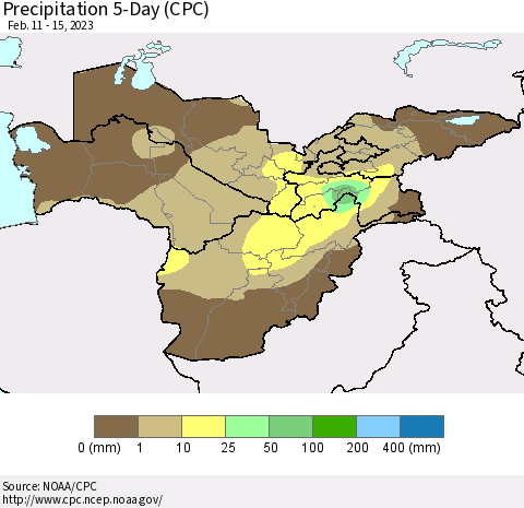 Central Asia Precipitation 5-Day (CPC) Thematic Map For 2/11/2023 - 2/15/2023