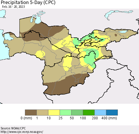 Central Asia Precipitation 5-Day (CPC) Thematic Map For 2/16/2023 - 2/20/2023