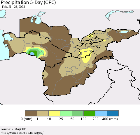 Central Asia Precipitation 5-Day (CPC) Thematic Map For 2/21/2023 - 2/25/2023