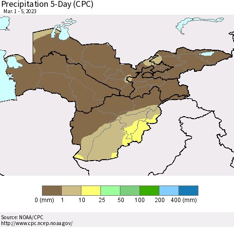 Central Asia Precipitation 5-Day (CPC) Thematic Map For 3/1/2023 - 3/5/2023