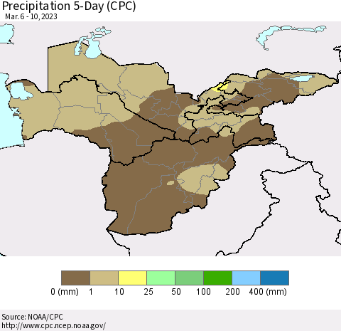 Central Asia Precipitation 5-Day (CPC) Thematic Map For 3/6/2023 - 3/10/2023