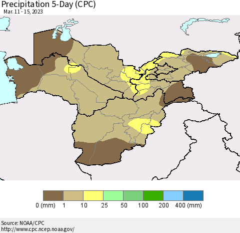 Central Asia Precipitation 5-Day (CPC) Thematic Map For 3/11/2023 - 3/15/2023