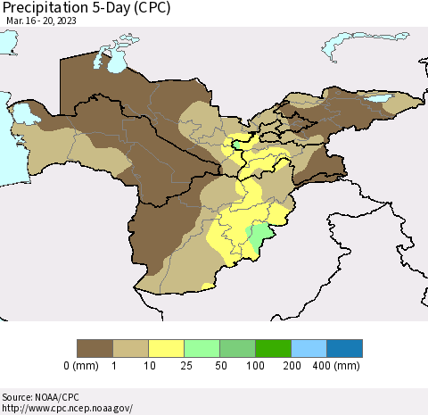 Central Asia Precipitation 5-Day (CPC) Thematic Map For 3/16/2023 - 3/20/2023