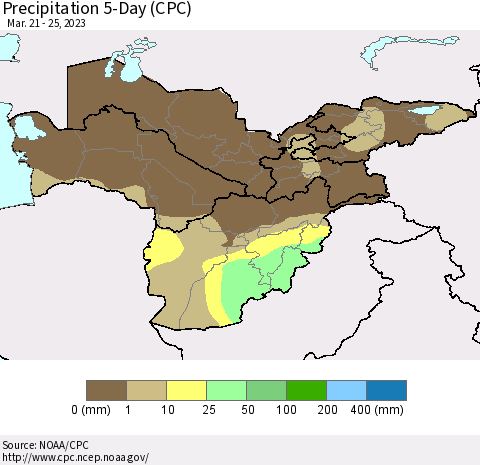 Central Asia Precipitation 5-Day (CPC) Thematic Map For 3/21/2023 - 3/25/2023