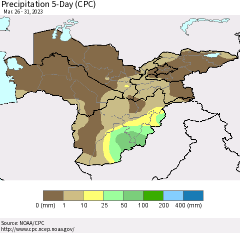 Central Asia Precipitation 5-Day (CPC) Thematic Map For 3/26/2023 - 3/31/2023