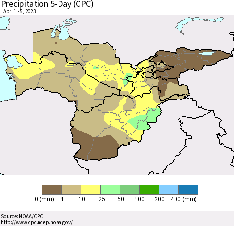 Central Asia Precipitation 5-Day (CPC) Thematic Map For 4/1/2023 - 4/5/2023