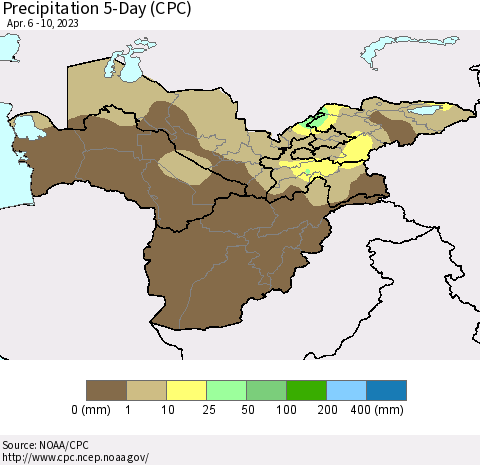 Central Asia Precipitation 5-Day (CPC) Thematic Map For 4/6/2023 - 4/10/2023