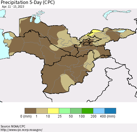 Central Asia Precipitation 5-Day (CPC) Thematic Map For 4/11/2023 - 4/15/2023