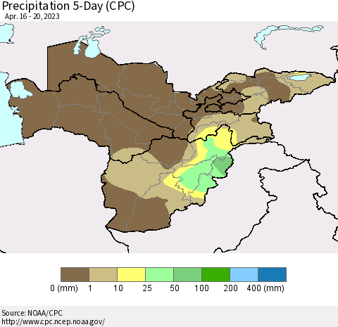Central Asia Precipitation 5-Day (CPC) Thematic Map For 4/16/2023 - 4/20/2023