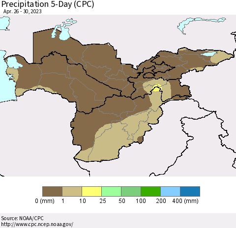 Central Asia Precipitation 5-Day (CPC) Thematic Map For 4/26/2023 - 4/30/2023