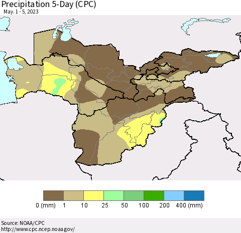 Central Asia Precipitation 5-Day (CPC) Thematic Map For 5/1/2023 - 5/5/2023