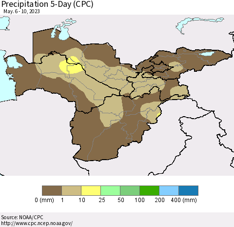 Central Asia Precipitation 5-Day (CPC) Thematic Map For 5/6/2023 - 5/10/2023
