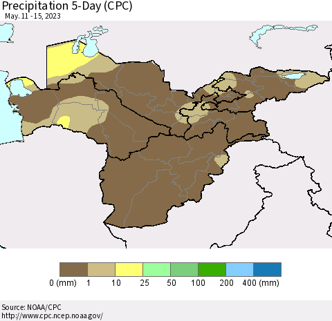 Central Asia Precipitation 5-Day (CPC) Thematic Map For 5/11/2023 - 5/15/2023