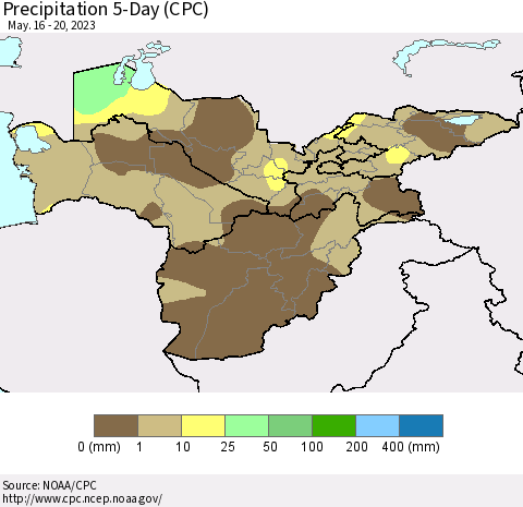 Central Asia Precipitation 5-Day (CPC) Thematic Map For 5/16/2023 - 5/20/2023