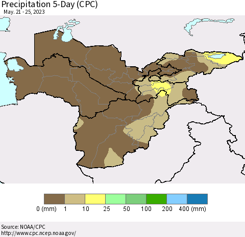 Central Asia Precipitation 5-Day (CPC) Thematic Map For 5/21/2023 - 5/25/2023