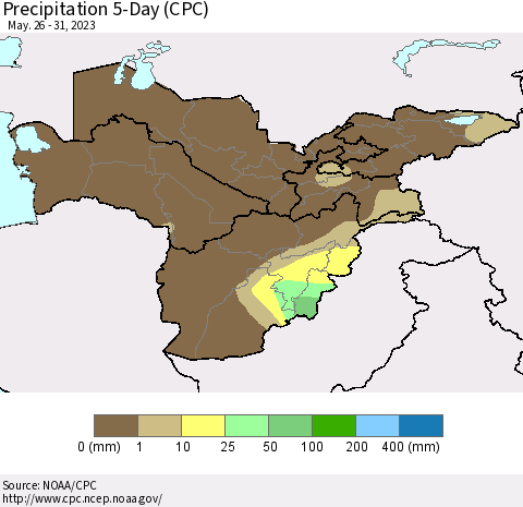 Central Asia Precipitation 5-Day (CPC) Thematic Map For 5/26/2023 - 5/31/2023