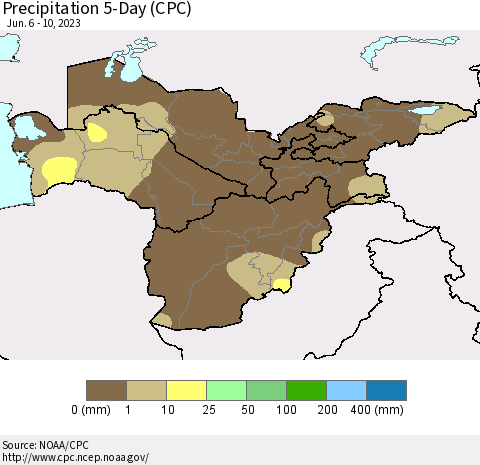 Central Asia Precipitation 5-Day (CPC) Thematic Map For 6/6/2023 - 6/10/2023