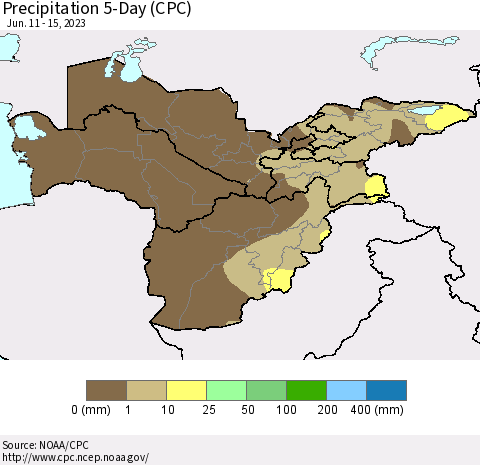 Central Asia Precipitation 5-Day (CPC) Thematic Map For 6/11/2023 - 6/15/2023