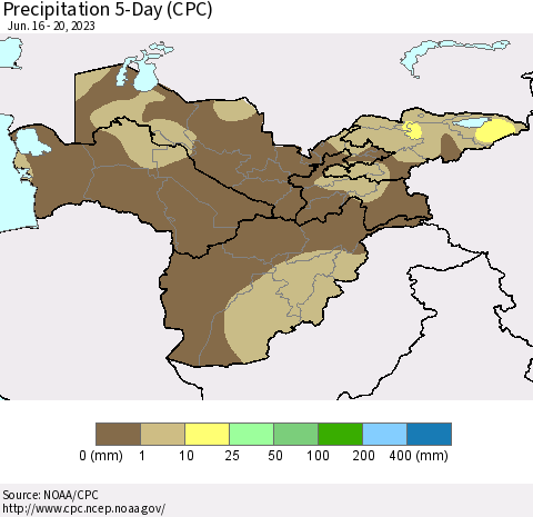 Central Asia Precipitation 5-Day (CPC) Thematic Map For 6/16/2023 - 6/20/2023