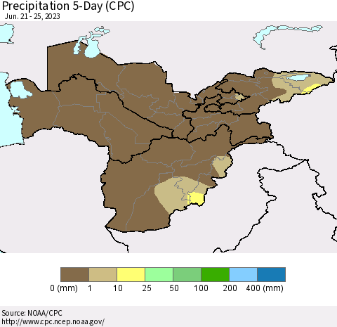 Central Asia Precipitation 5-Day (CPC) Thematic Map For 6/21/2023 - 6/25/2023