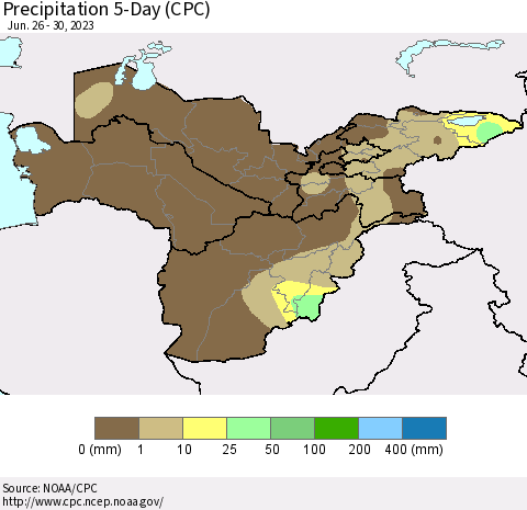 Central Asia Precipitation 5-Day (CPC) Thematic Map For 6/26/2023 - 6/30/2023