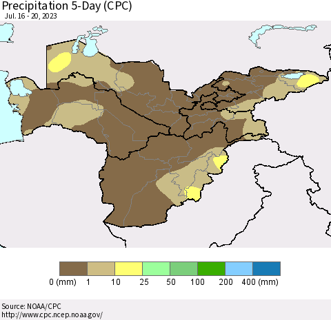 Central Asia Precipitation 5-Day (CPC) Thematic Map For 7/16/2023 - 7/20/2023