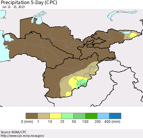 Central Asia Precipitation 5-Day (CPC) Thematic Map For 7/21/2023 - 7/25/2023