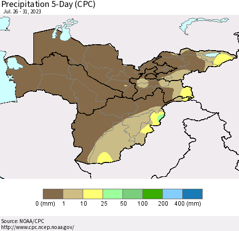Central Asia Precipitation 5-Day (CPC) Thematic Map For 7/26/2023 - 7/31/2023